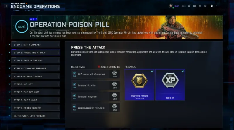 Operation Poison Pill Step 2 Press the Attack showing Restore Token and 1000 XP as rewards