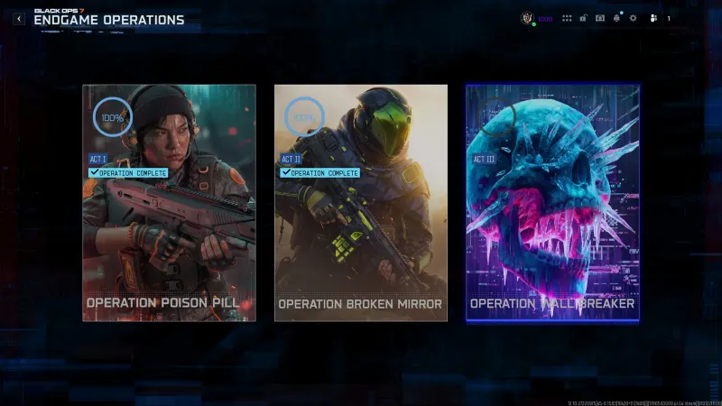 BO7 Endgame Operations screen showing Operation Poison Pill (Act I), Operation Broken Mirror (Act II), and Operation Wall Breaker (Act III)