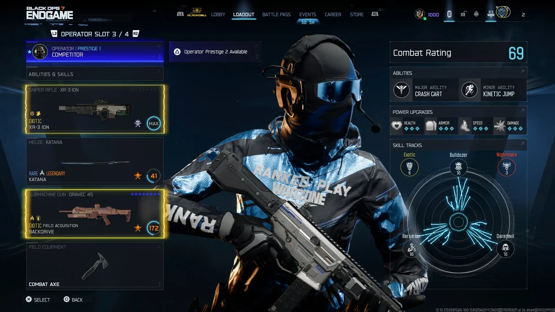 BO7 Endgame loadout at Prestige 1 showing Combat Rating 69 with Exotic, Bulldozer, Berserker, and Daredevil skill track levels