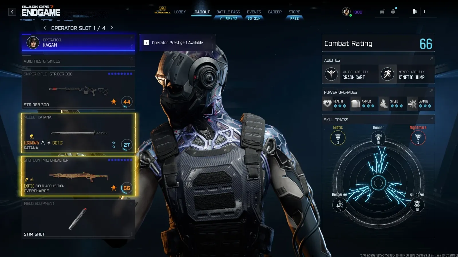 BO7 Endgame loadout screen showing Operator Prestige 1 Available notification at max Combat Rating