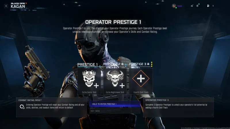 BO7 Operator Prestige 1 confirmation screen showing rewards and Combat Rating Reset warning