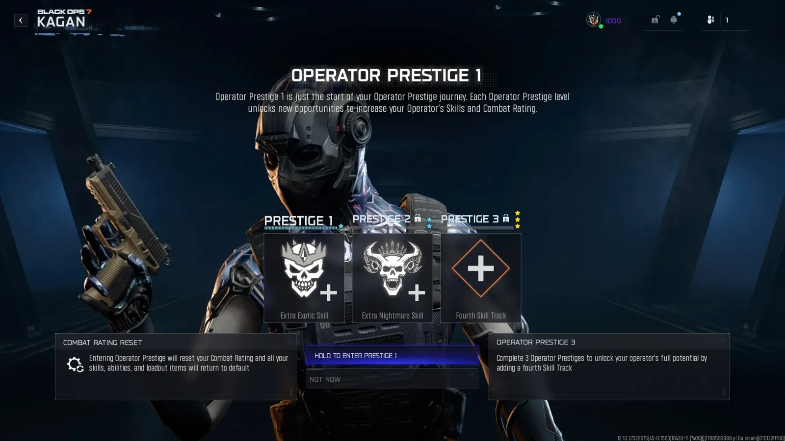 BO7 Operator Prestige 1 confirmation screen showing rewards and Combat Rating Reset warning