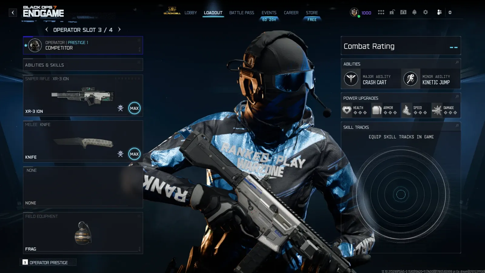 BO7 Endgame loadout after Operator Prestige showing reset Combat Rating and empty skill tracks
