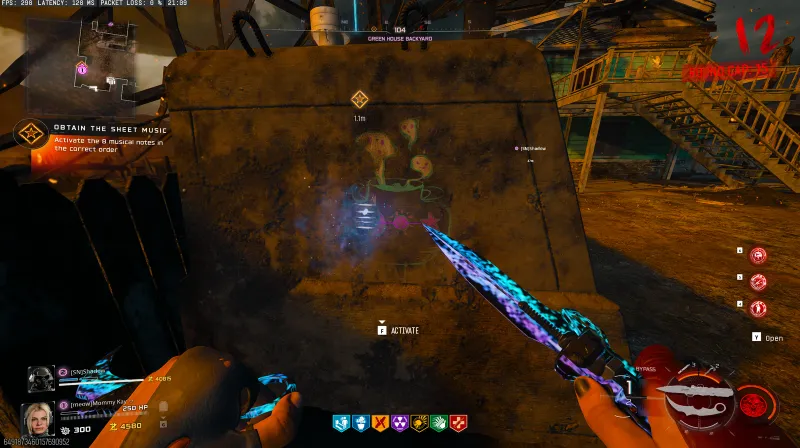 Glowing blue note at the bunker entrance behind the greenhouse