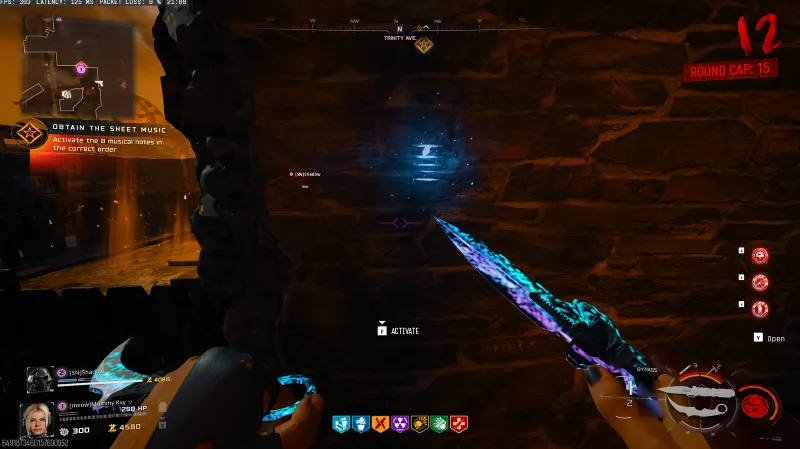 Glowing blue note on the upper wall section along Trinity Ave