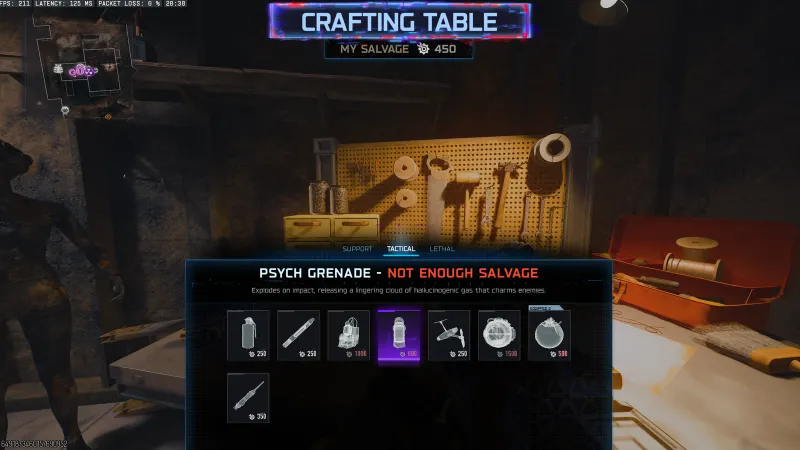 Crafting Table showing the Psych Grenade tactical equipment available for 250 salvage in BO7 Paradox Junction