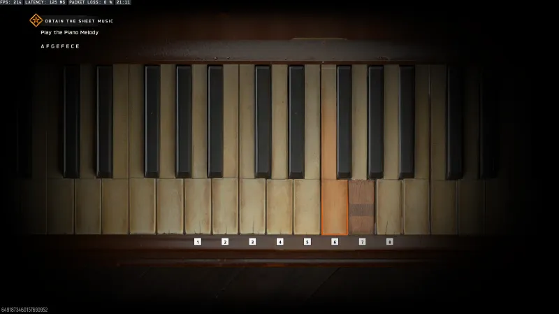 Close-up of the BO7 Paradox Junction piano showing 8 numbered keys from left to right with the code AFGEFECE displayed in the top left