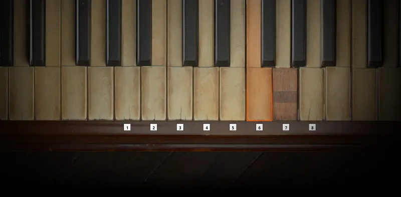 Zoomed-in view of the 8 numbered piano keys in BO7 Paradox Junction, labeled 1 through 8 from left to right