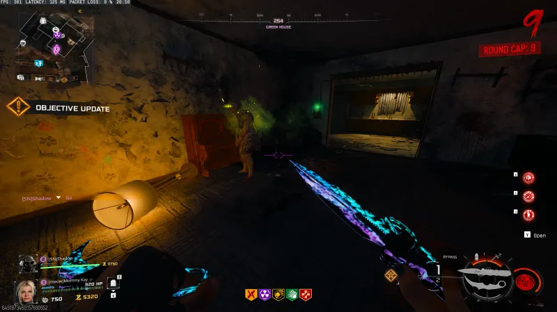 Piano Teacher zombie turned with Psych Grenade, now glowing green inside the Green House