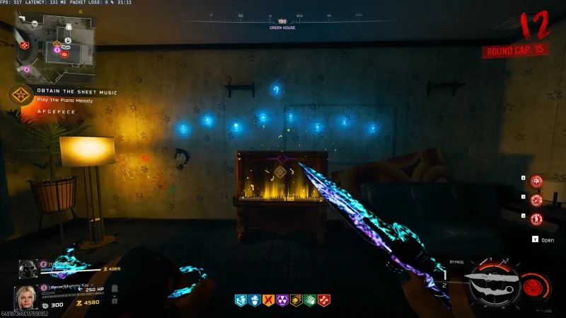 Wall above the piano displaying the AFGEFECE code with blue glowing symbols in Past Nuketown