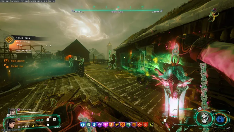 Melee combat with the Jotunn Star during the Dancing Arnie relic trial on Fishery Island showing wave tracker