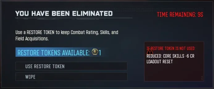BO7 Endgame You Have Been Eliminated screen with Restore Token prompt and 15-second timer