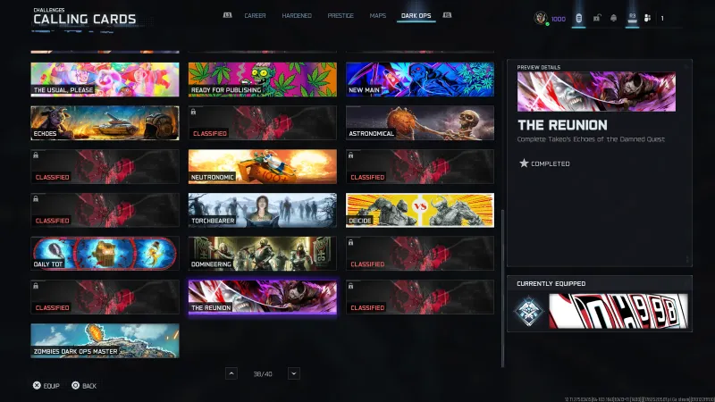 The Reunion Dark Ops calling card shown as completed in the BO7 calling cards menu