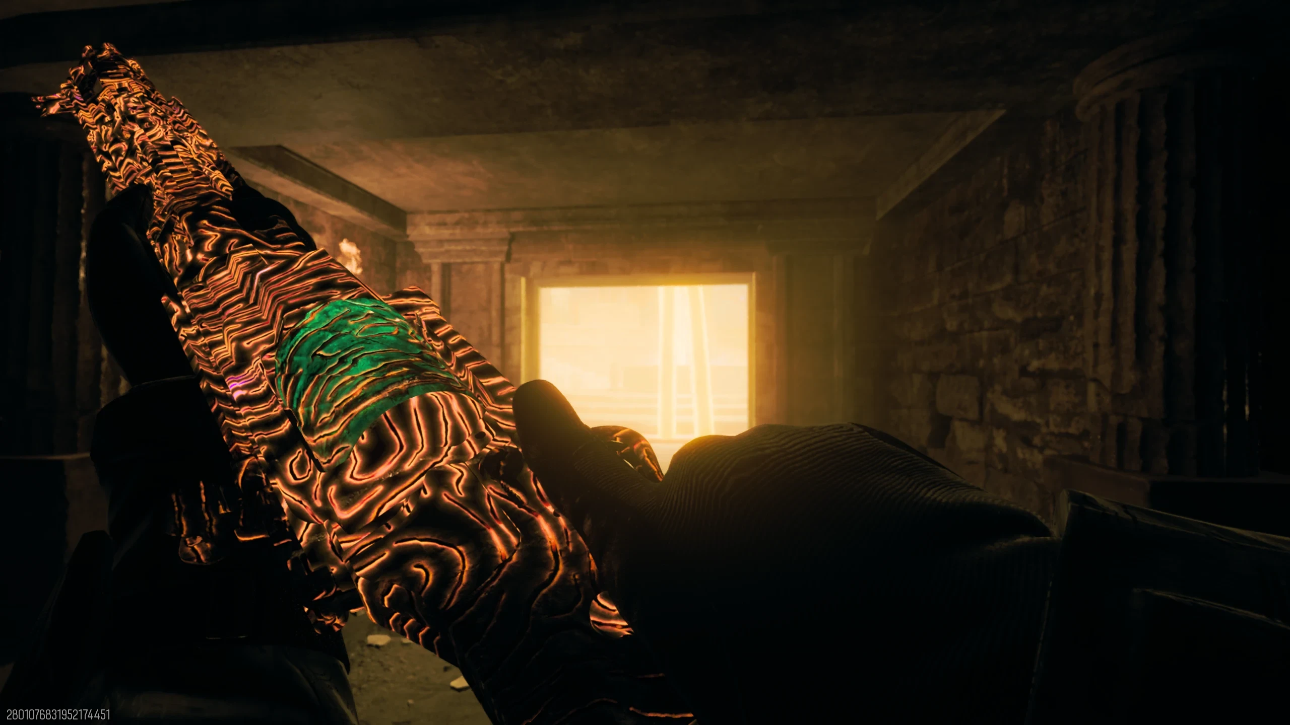 Close-up of the Corrupted weapon showing a green crystal set into the receiver on Rex Infernus