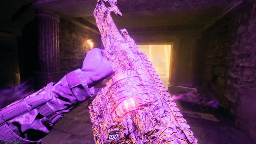 The Pack-a-Punched Corrupted weapon showing its red-rarity level badge on Rex Infernus