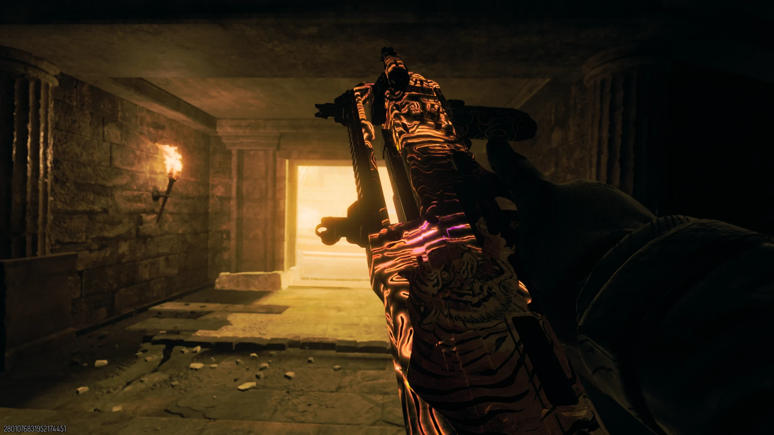 A Corrupted weapon with an oily corrupted skin held in first person on Rex Infernus