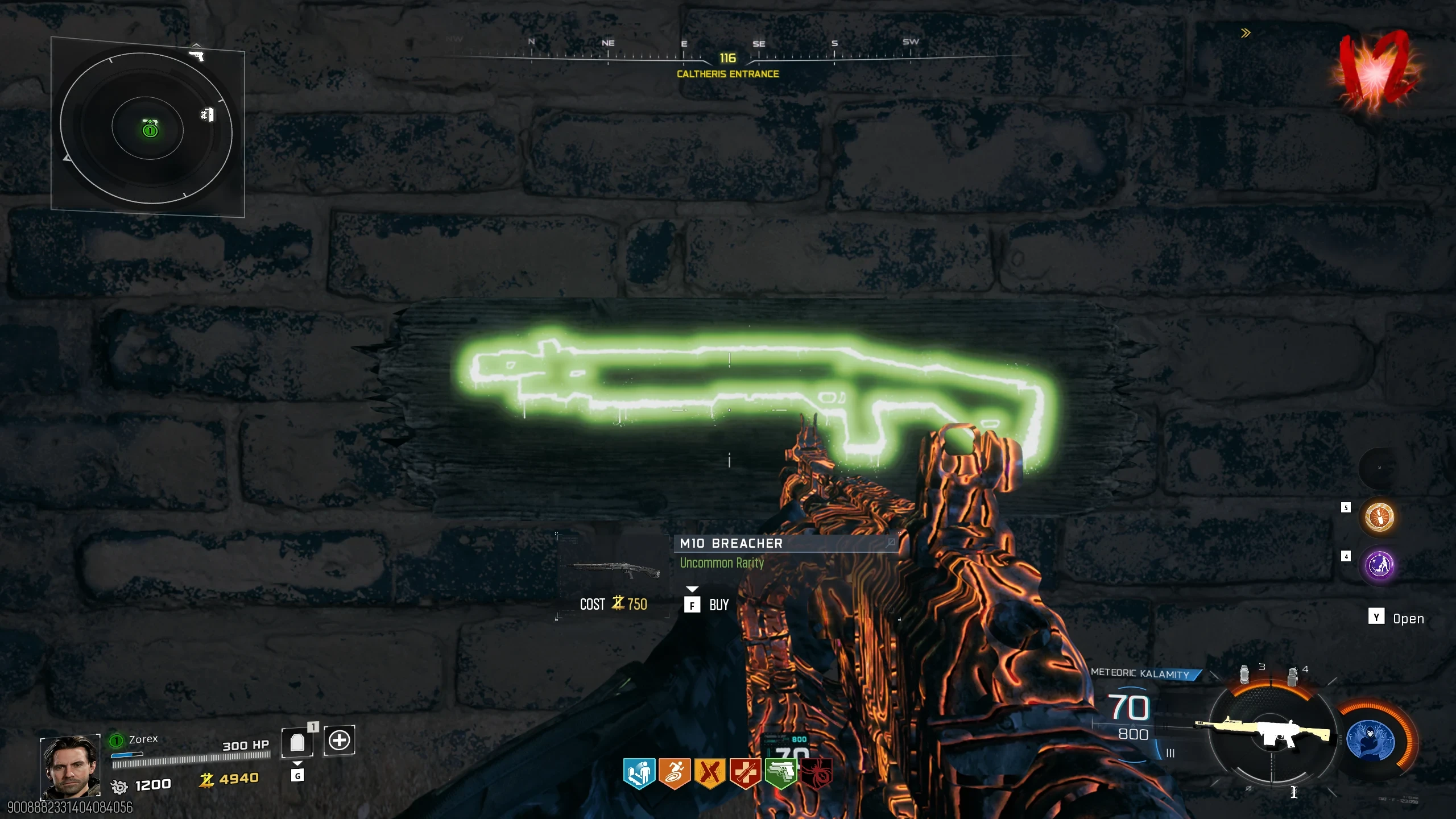 The M10 Breacher wall buy glowing green at Caltheris Entrance on Rex Infernus, costing 750