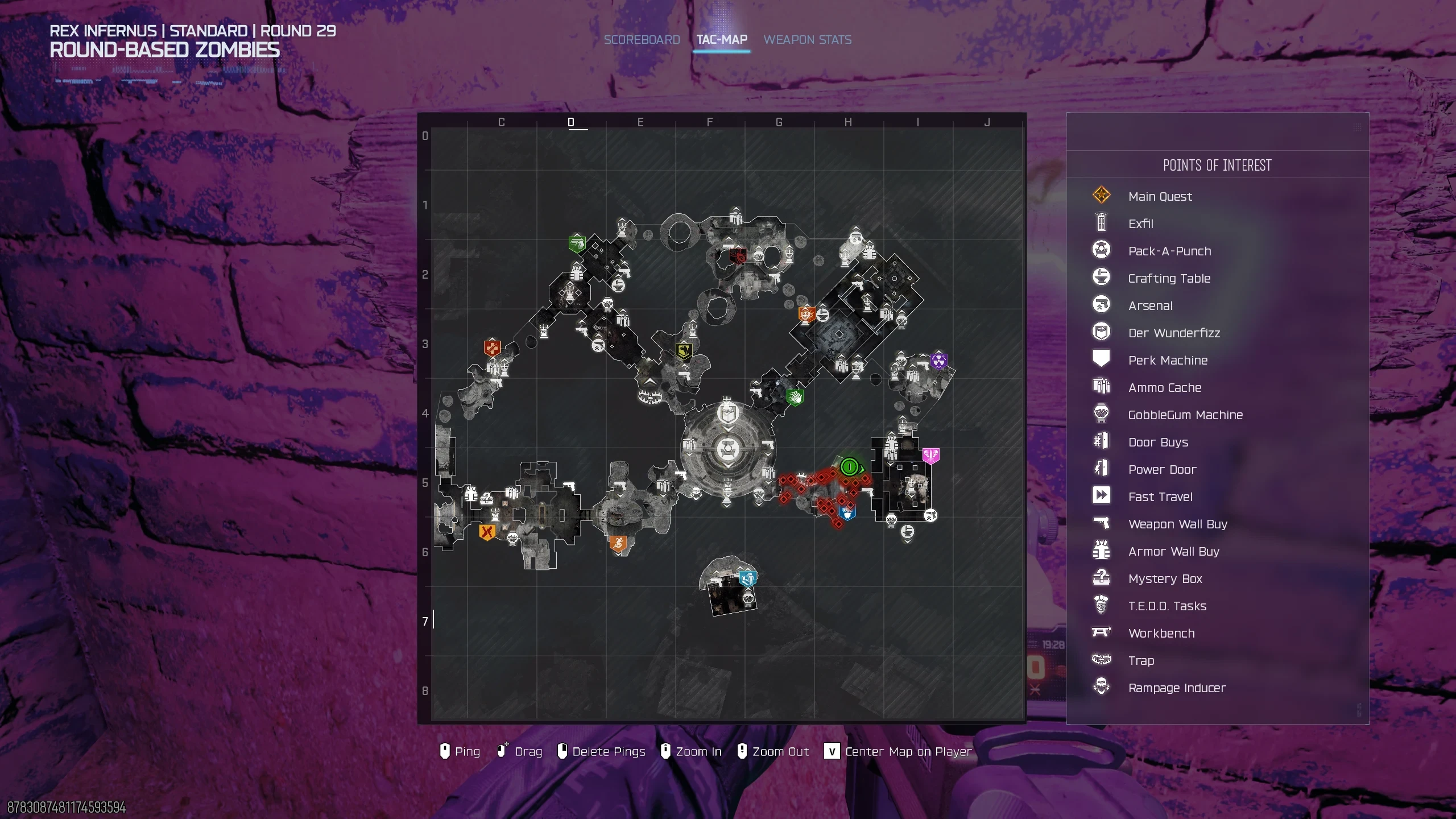 The Rex Infernus tac-map with the player position marked, Weapon Wall Buy icons in the legend