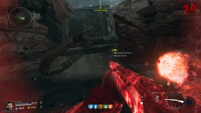 Holding the red Unstable Olympia taken from the corrupted wall buy on Rex Infernus