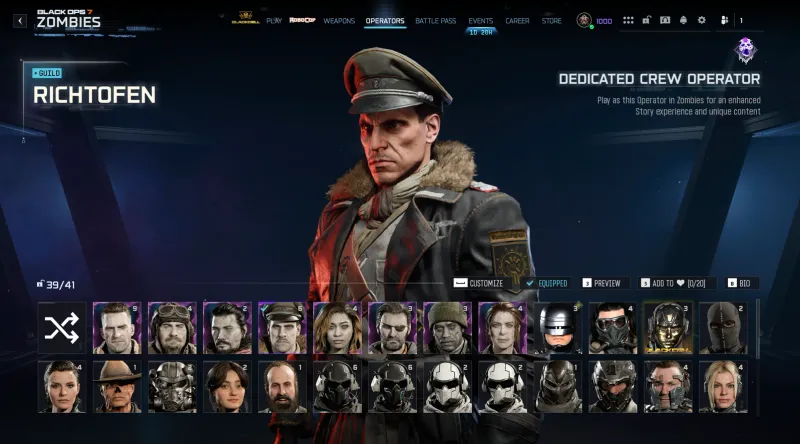 Richtofen operator selection screen in BO7 Zombies showing Dedicated Crew Operator label for enhanced story experience