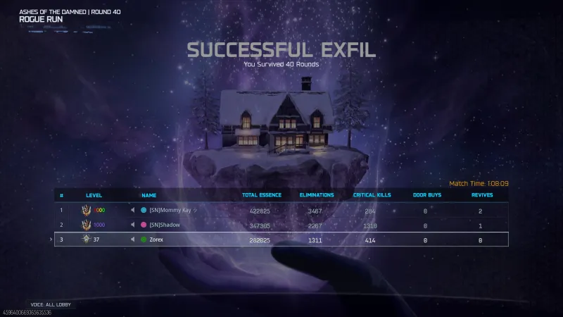 BO7 Rogue Run successful exfil after round 40 showing match time of 1 hour 8 minutes and player stats