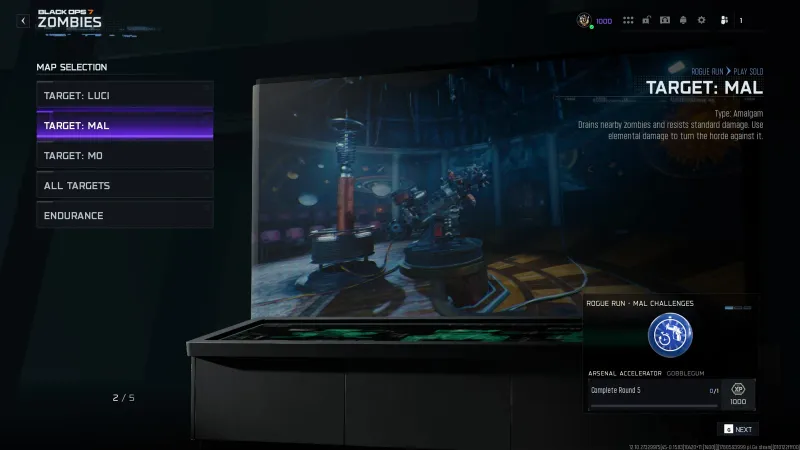 BO7 Rogue Run Target Mal playlist showing the Amalgam boss challenges