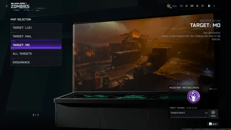 BO7 Rogue Run Target Mo playlist showing the Abomination boss challenges