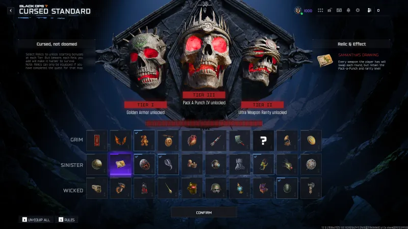 Samantha's Drawing relic description in BO7 Cursed mode showing weapons swap each round but keep Pack-a-Punch and rarity