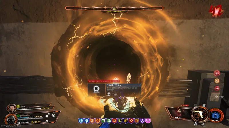 Samantha's Drawing relic trial START prompt in BO7 showing ammo caches disabled and all relics disabled