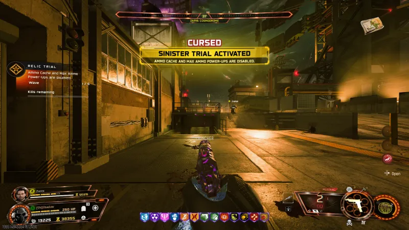 CURSED Sinister Trial Activated banner for the Samantha's Drawing relic in BO7 showing Wave 1 of 5 and ammo caches disabled
