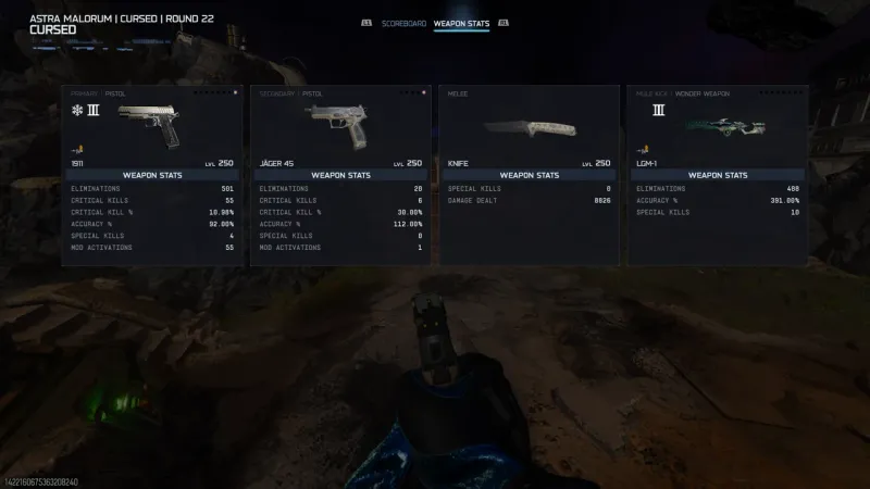 BO7 Weapon Stats screen showing 20 eliminations on the grey Jager 45 pistol for the Seed relic challenge on Astra Malorum
