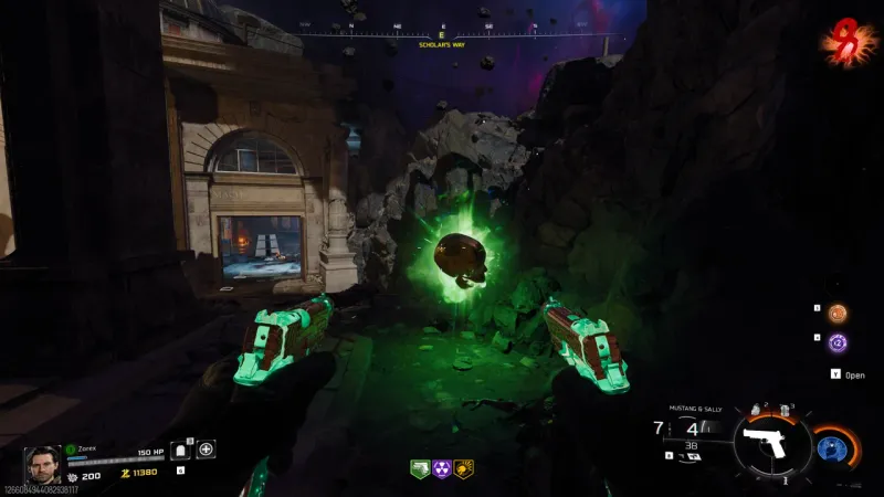 Green glowing skull you shoot for an Insta-Kill power-up during the Seed relic pistol challenge on Astra Malorum