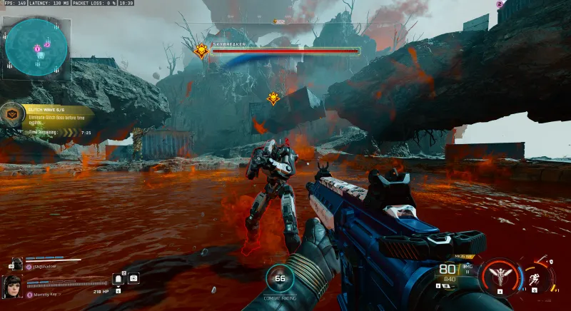 Skybreaker boss large mech robot standing in the lava arena with health bar during Wave 6 of Link Forger in BO7 Endgame