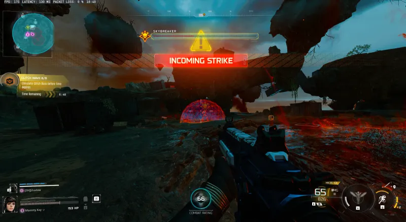 INCOMING STRIKE warning text from Skybreaker boss during low HP phase in BO7 Endgame Link Forger