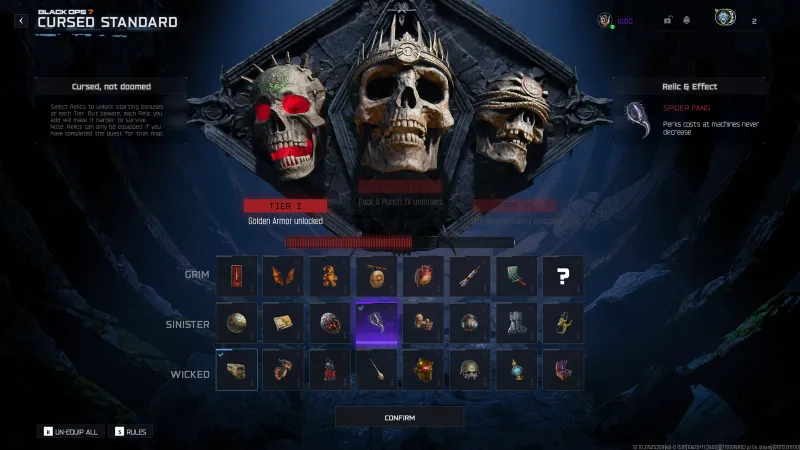 BO7 Cursed mode relic select screen with the Spider Fang Sinister relic highlighted showing perk costs never decrease on Astra Malorum