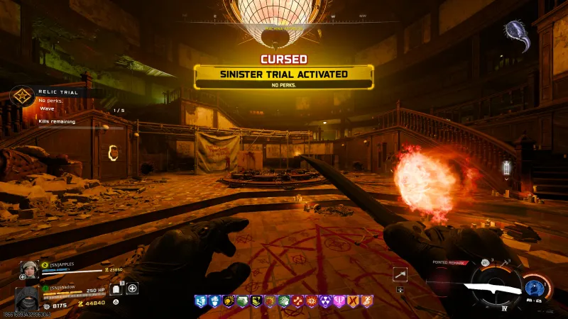 Sinister Trial Activated no perks banner for the Spider Fang relic trial on Astra Malorum in BO7 Zombies