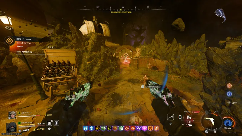 Clearing the final HVT wave of the Spider Fang relic trial with akimbo Mustang and Sally next to a map trap on Astra Malorum