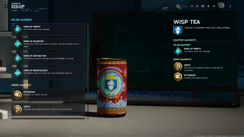 BO7 Wisp Tea augment menu showing major and minor augment options for the Spider Fang relic unlock on Astra Malorum