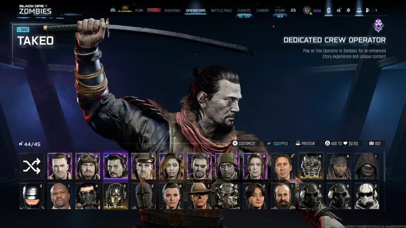 Takeo Dedicated Crew Operator selection screen in BO7 Zombies before a Kowakujo match