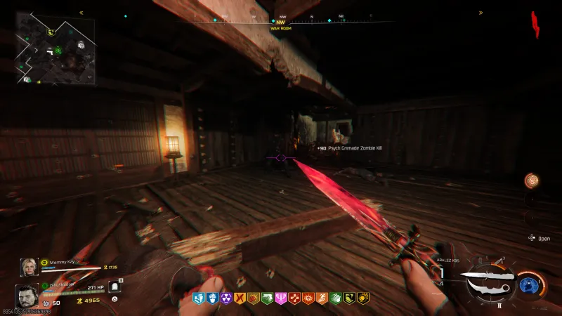 The red Path of Sorrows katana held in first person in the War Room during the Takeo side Easter egg on Kowakujo