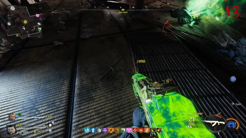 Green Psych Grenade hallucination effect filling the Pack-a-Punch room during the Takeo side Easter egg on Kowakujo