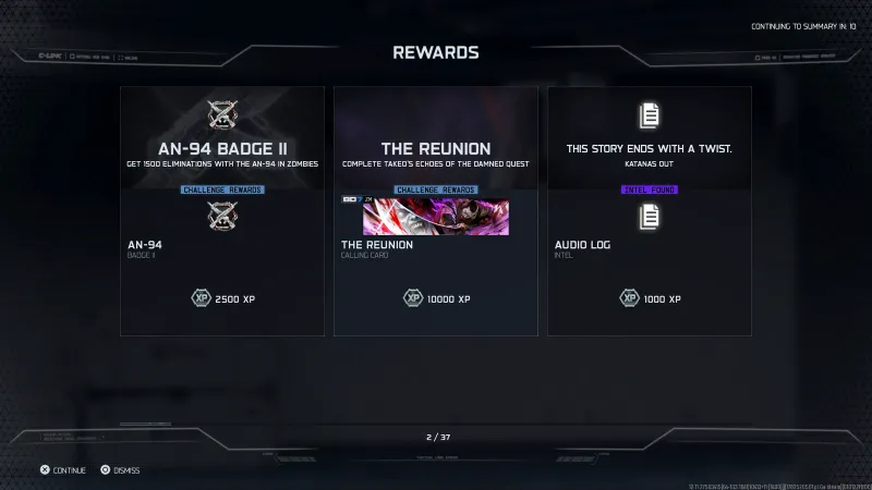 Takeo side Easter egg reward screen showing the AN-94 Badge, the Reunion calling card, and an audio log in BO7 Zombies