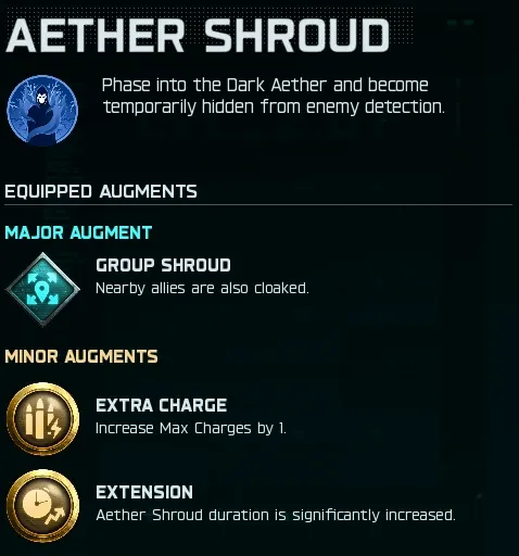 Aether Shroud field upgrade augments in BO7, showing Group Shroud, Extra Charge and Extension for hunting Mr Peeks on Ashes of the Damned