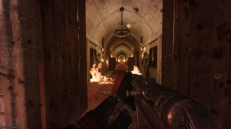 The Totenreich castle corridor engulfed in flames with zombies spawning during the Richtofen side Easter egg finale