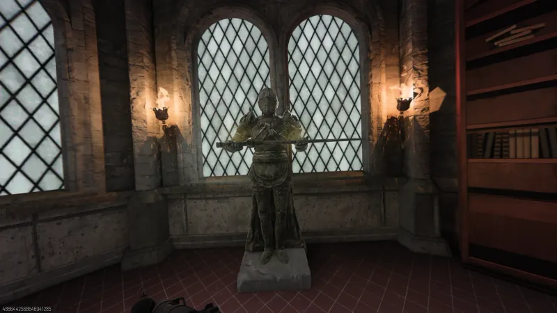 Knight armor statue holding the sword with glowing wall sconces after placing it during the Richtofen side Easter egg