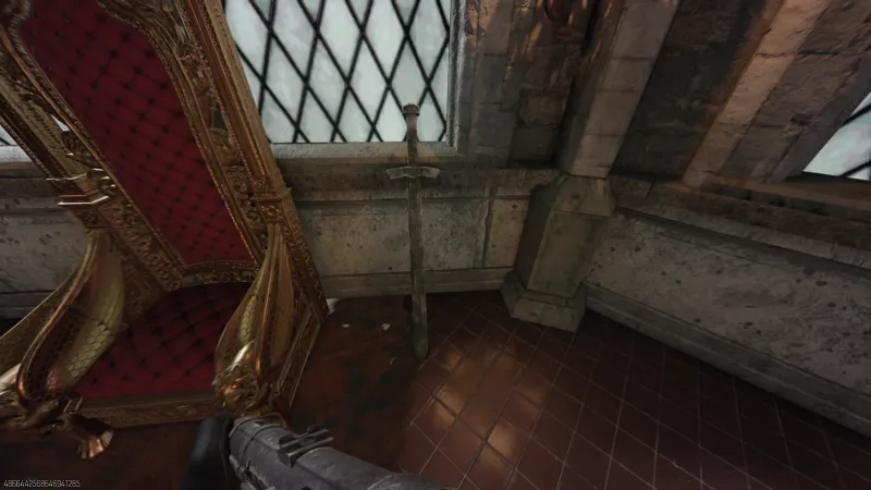 Sword leaning against the wall next to the red throne in the Totenreich Richtofen Easter egg castle