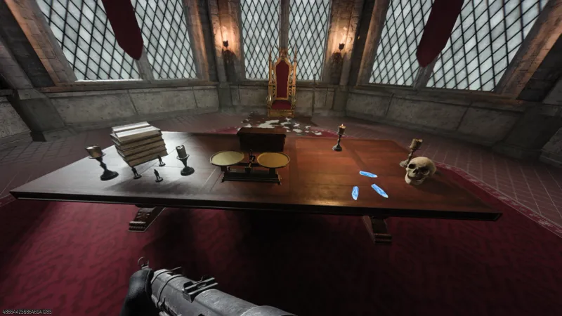 The Totenreich Richtofen Easter egg throne room with scale and blue 115 crystals on the table and red throne in background