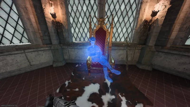 Von List ghost appearing as a glowing blue apparition sitting on the red throne in the Totenreich castle