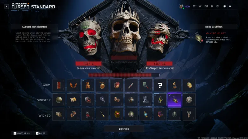 Valkyrie Helmet relic selected in the BO7 Cursed Standard relic menu with the effect card describing electric fields in areas you stay in