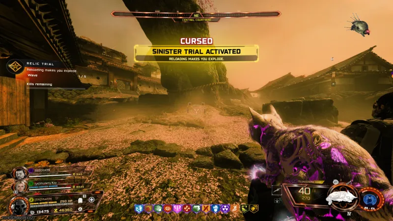 Sinister Trial Activated banner for the Valkyrie Helmet relic on Kowakujo reading reloading makes you explode in BO7 Zombies